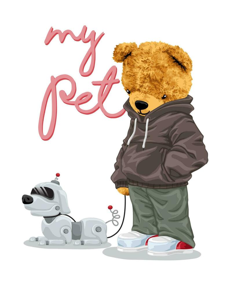 Hand drawn vector illustration of teddy bear with pet robot