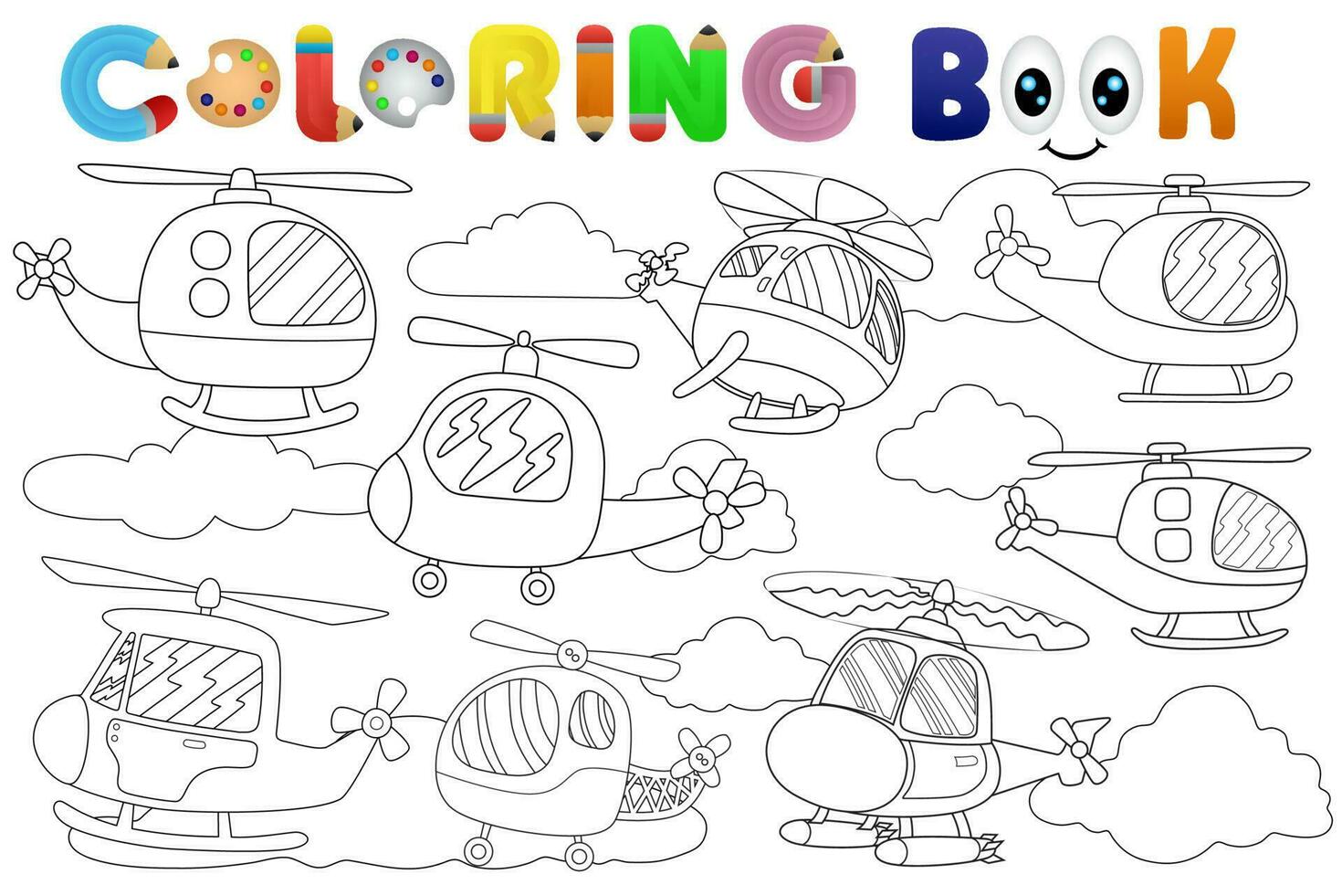 Coloring book of helicopters cartoon with clouds vector