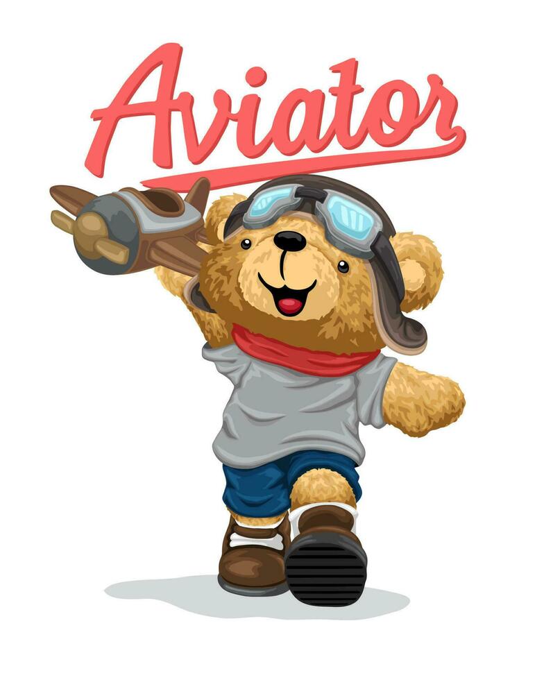 Hand drawn vector illustration of teddy bear in aviator costume playing toy plane