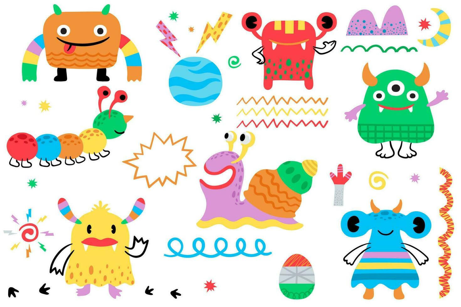 Doodle monster hand drawn vector illustration with its elements