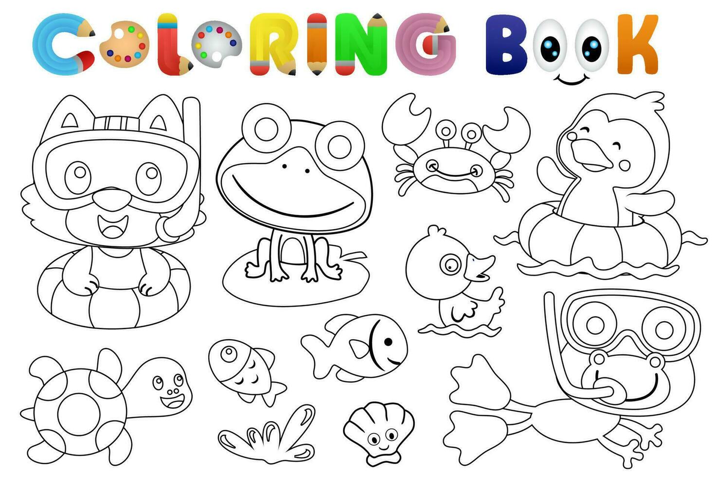Coloring book with group of funny animals playing in water vector