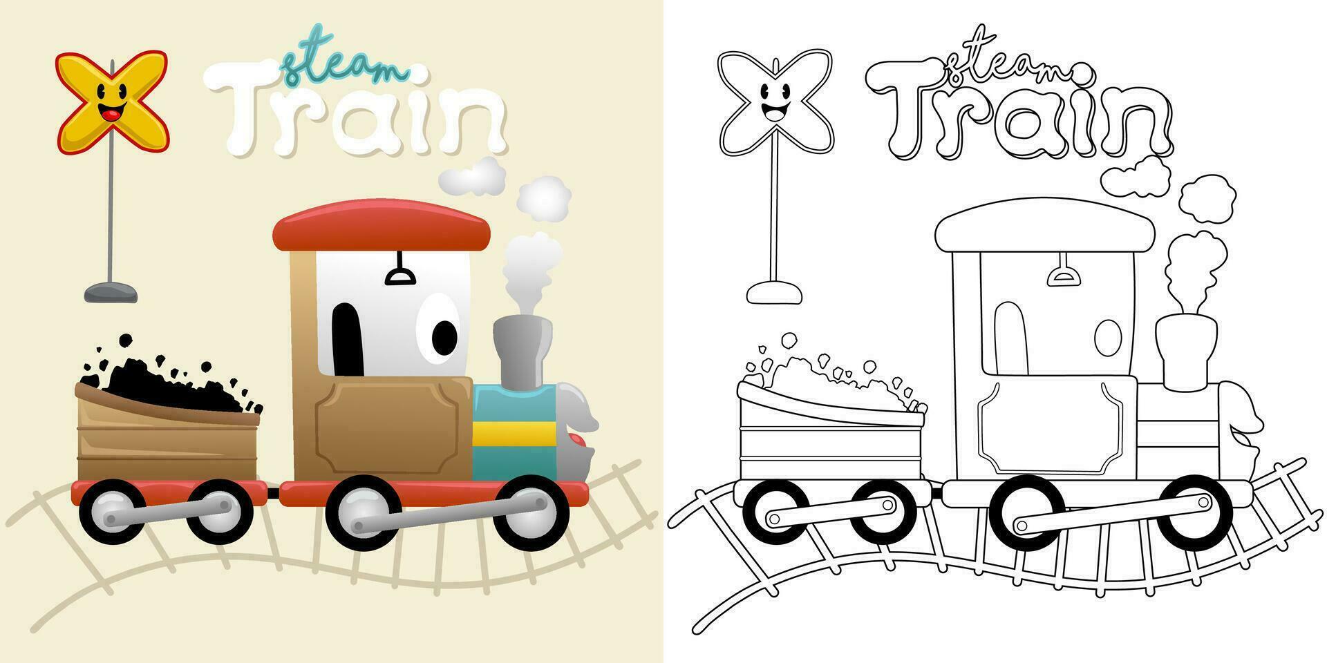 vector ilustración de dibujos animados vapor tren con ferrocarril signo. colorante libro o página para niños