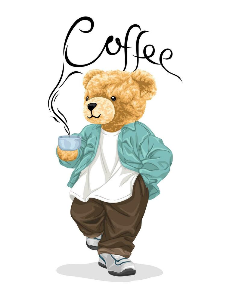 Hand drawn vector illustration of teddy bear holding a cup of coffee