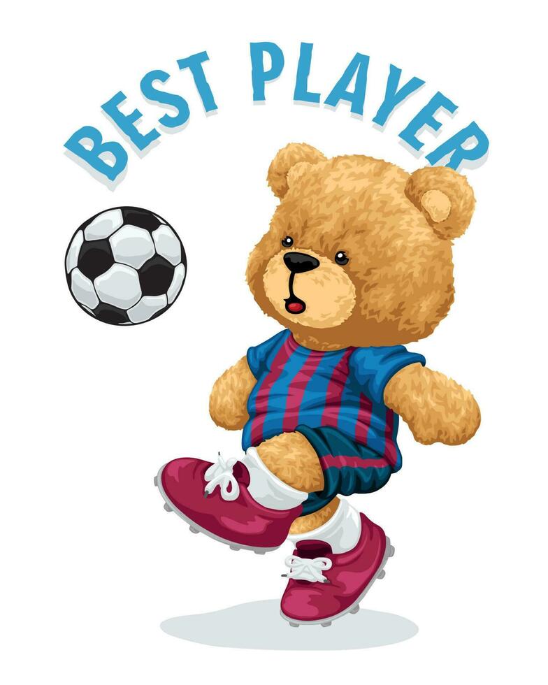 Hand drawn vector illustration of teddy bear playing soccer