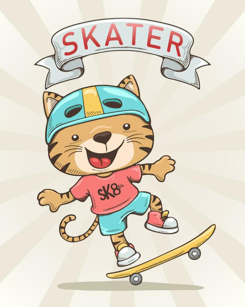 vector ilustración en mano dibujado concepto, dibujos animados gracioso gato en patinador disfraz jugando patineta