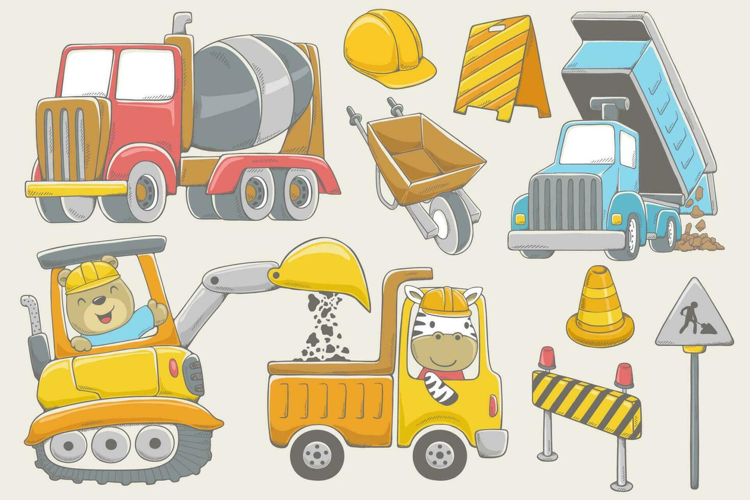 Vector illustration of hand drawn construction elements with funny animals driver