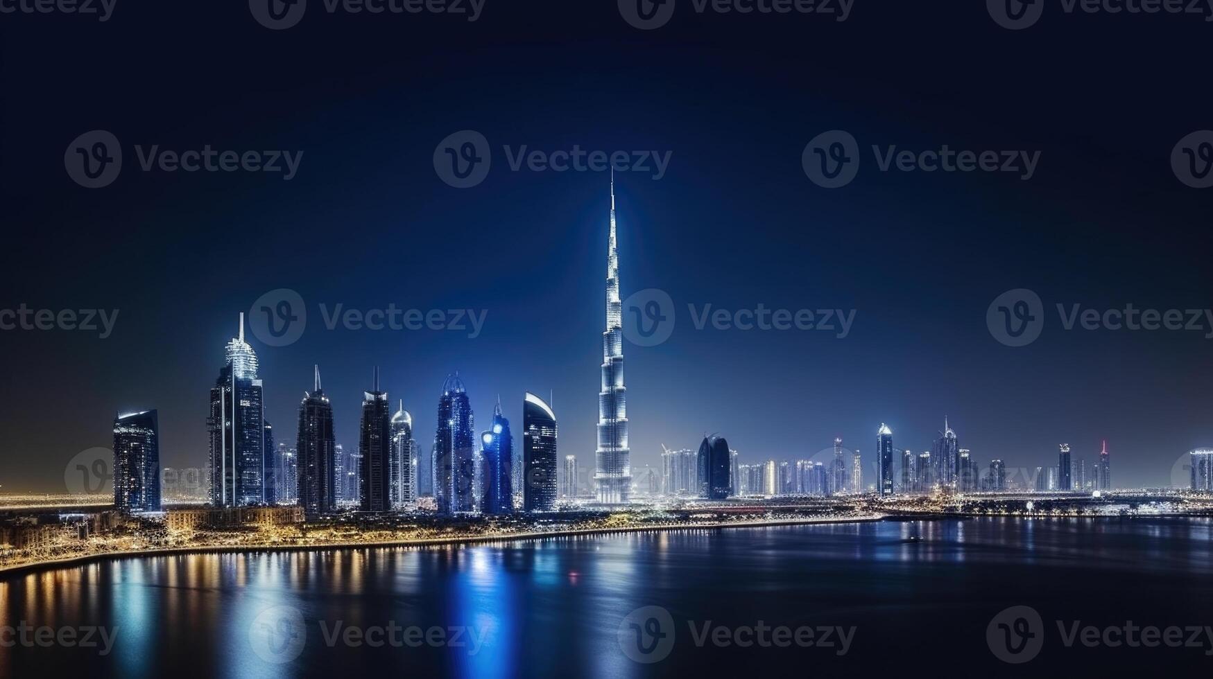 Amazing Panoramic View of Dubai Cityscape at Night with Lights Overlooking the Burj Khalifa Amazing Tourist Destination, Technology. photo