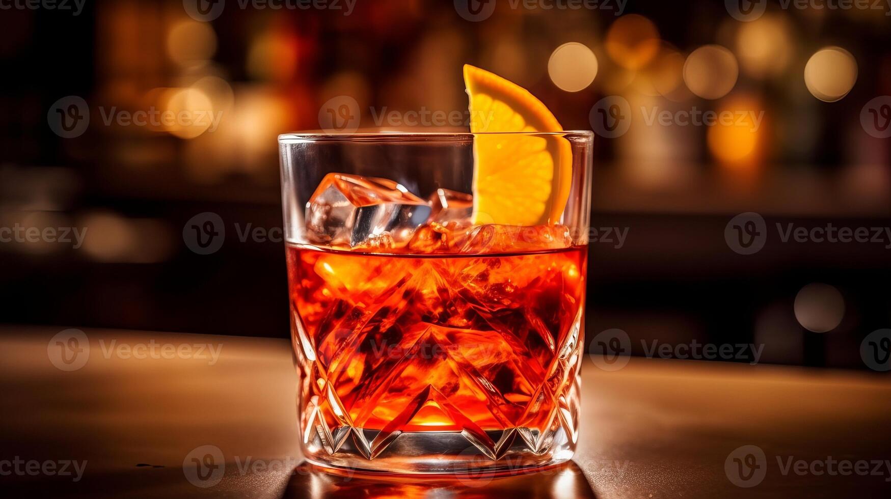 cóctel negroni con Ginebra, Campari martini rosso y naranja. negroni cóctel a el bar. creativo recurso, ai generado foto