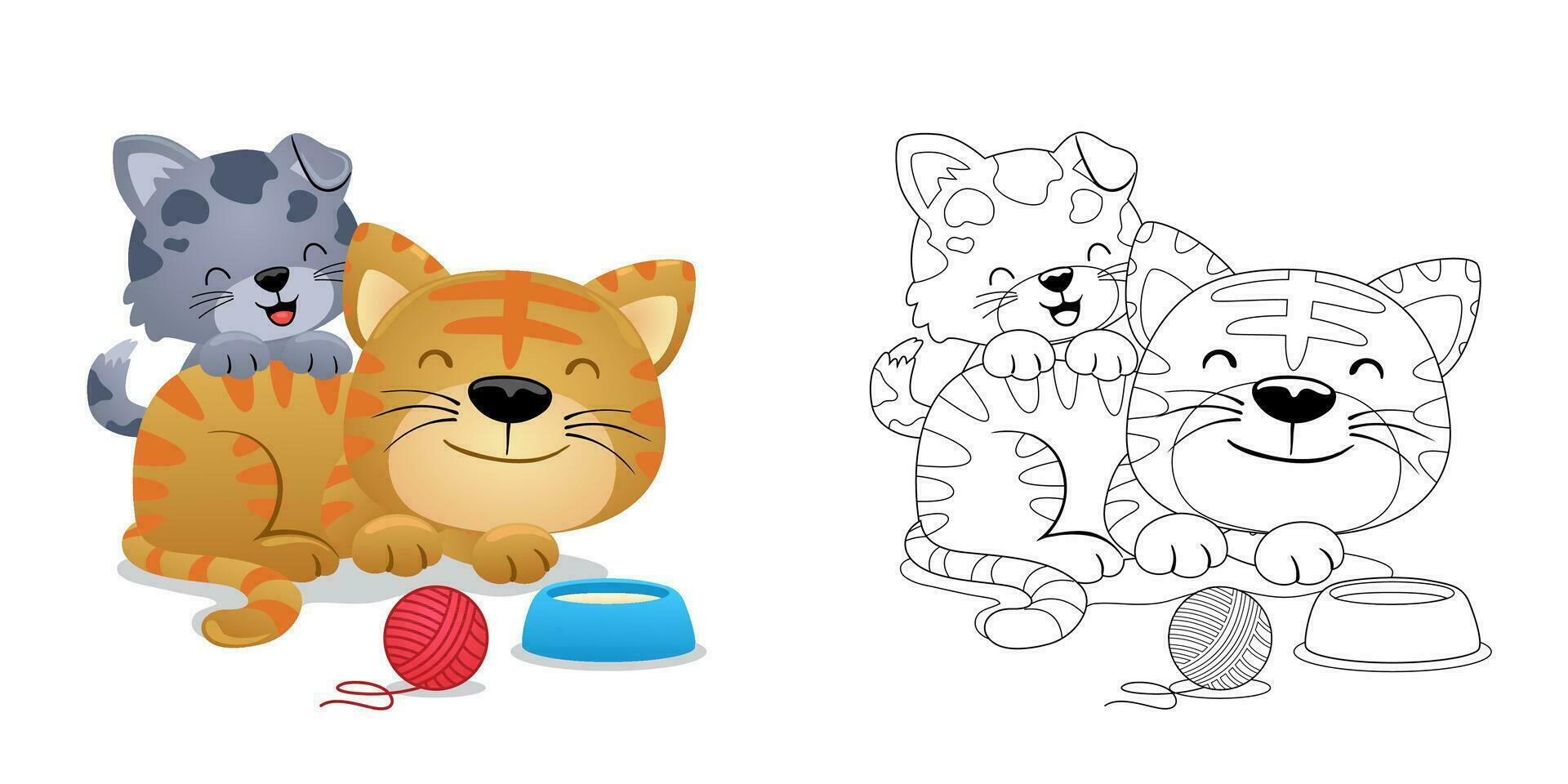Vector illustration of cartoon funny cats with yarn ball and bowl. Coloring book or page for kids