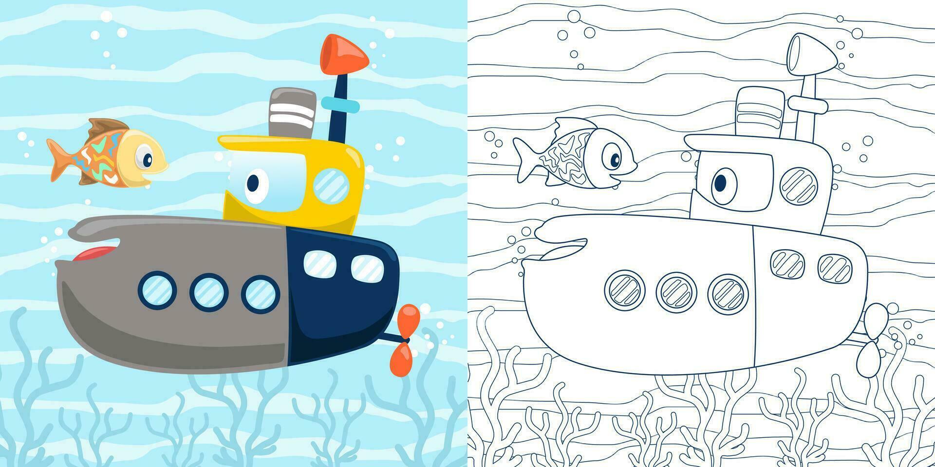 Vector illustration of cartoon funny submarine with fish undersea. Coloring book or page for kids