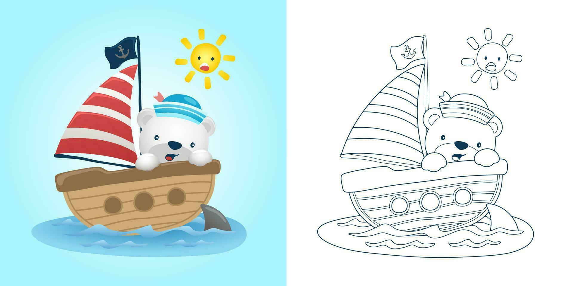 Vector illustration of cartoon polar bear on sailboat under shark attack. Coloring book or page