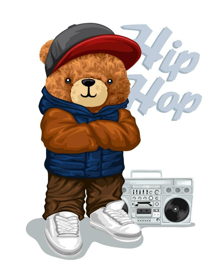 Hand drawn vector illustration of teddy bear in hip hop style with vintage tape recorder