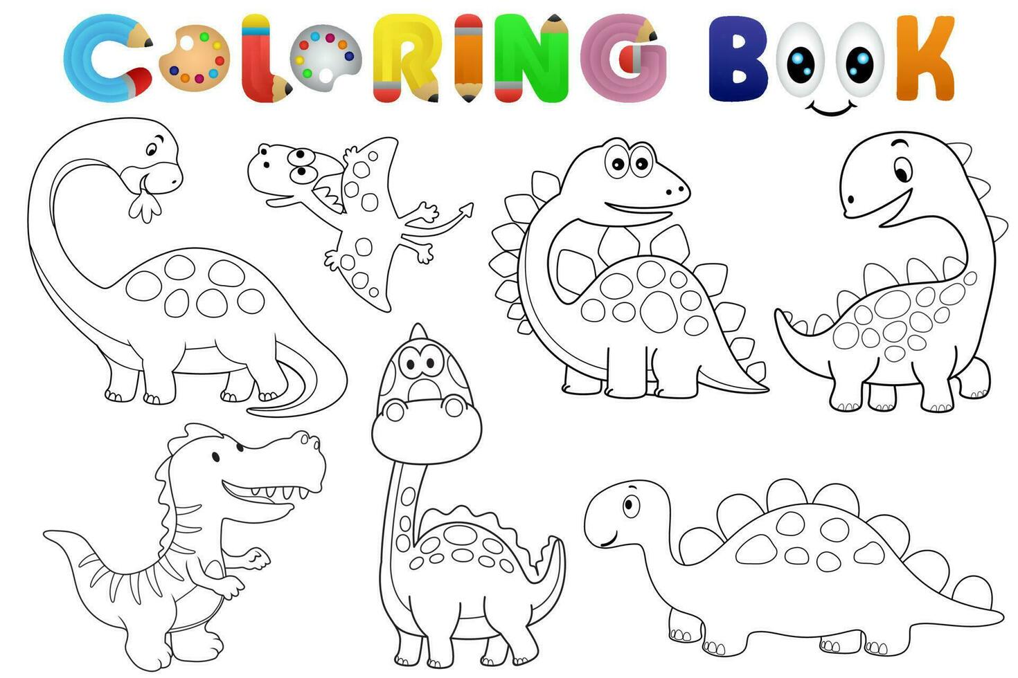 Coloring book with group of funny dinosaurs cartoon vector