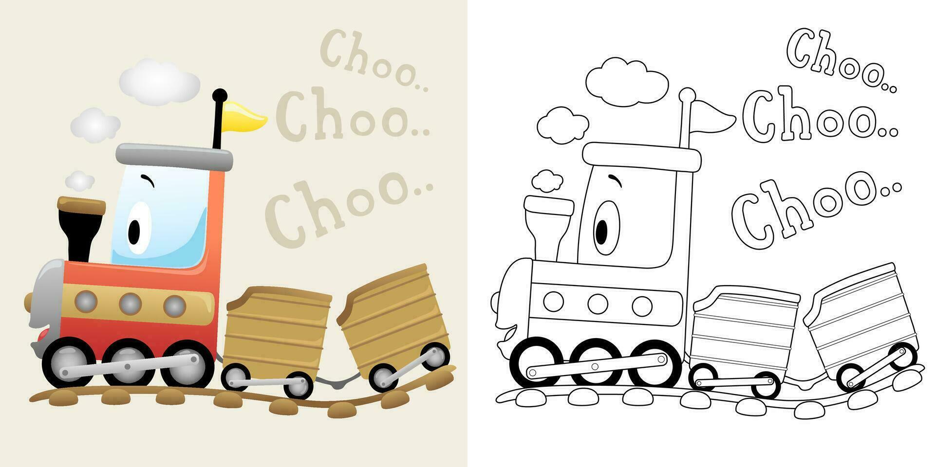 Vector illustration of cartoon funny steam train. Coloring book or page for kids