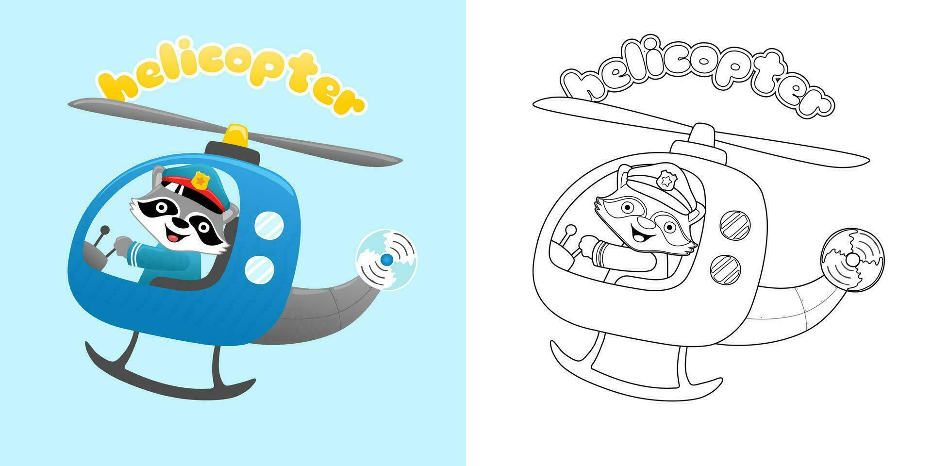 Vector illustration of cartoon funny raccoon in pilot cap on helicopter. Coloring book or page
