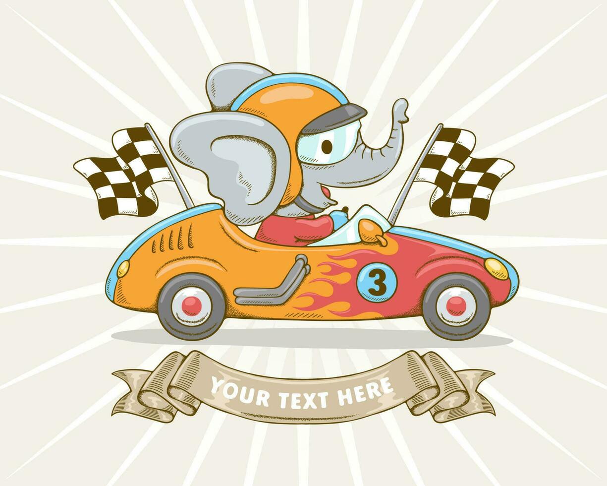 Vector illustration of cute elephant in racer costume on racing car, checkered flags and ribbon