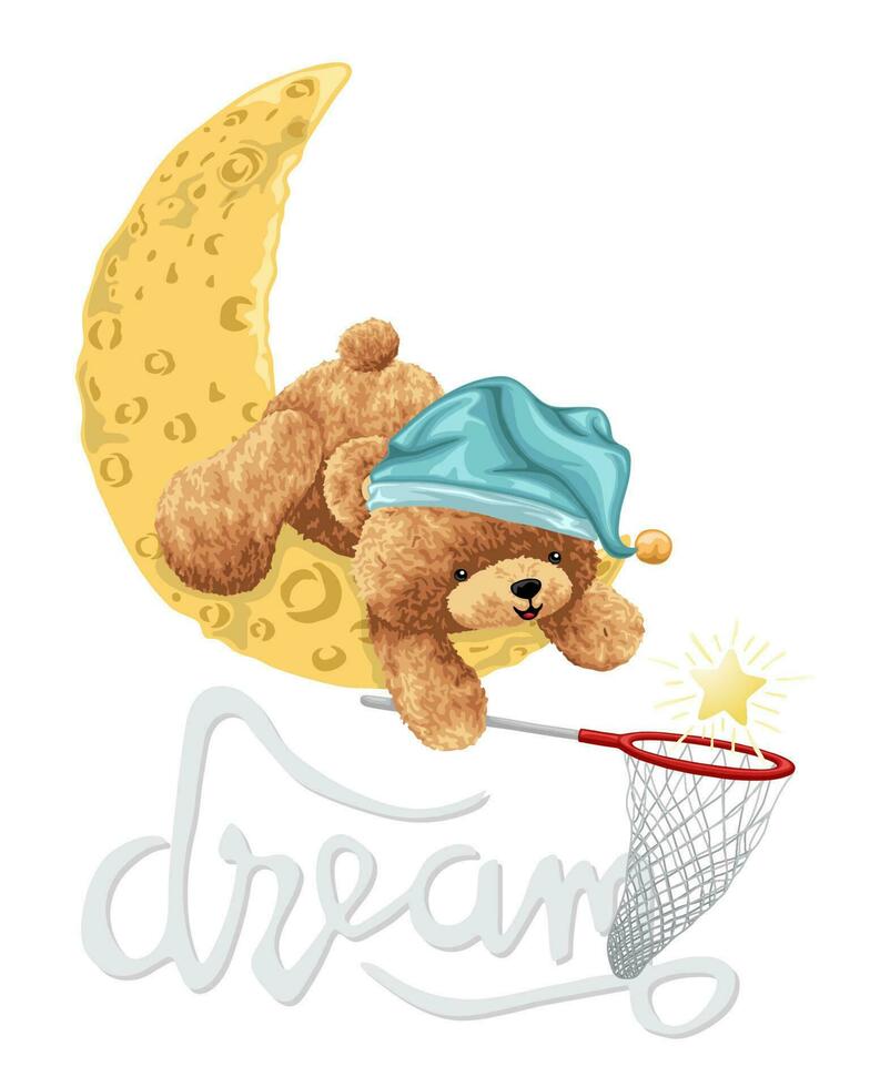 Hand drawn bear cartoon wearing sleeping hat on crescent moon catch golden star with fishing net vector