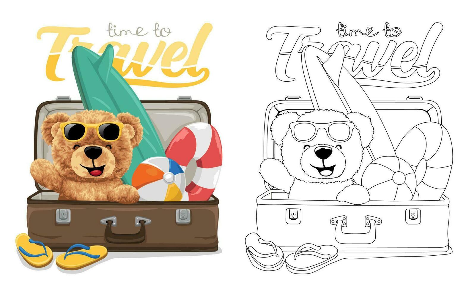 Hand drawn vector illustration of teddy bear on suitcase with tourism equipment. Coloring book or page