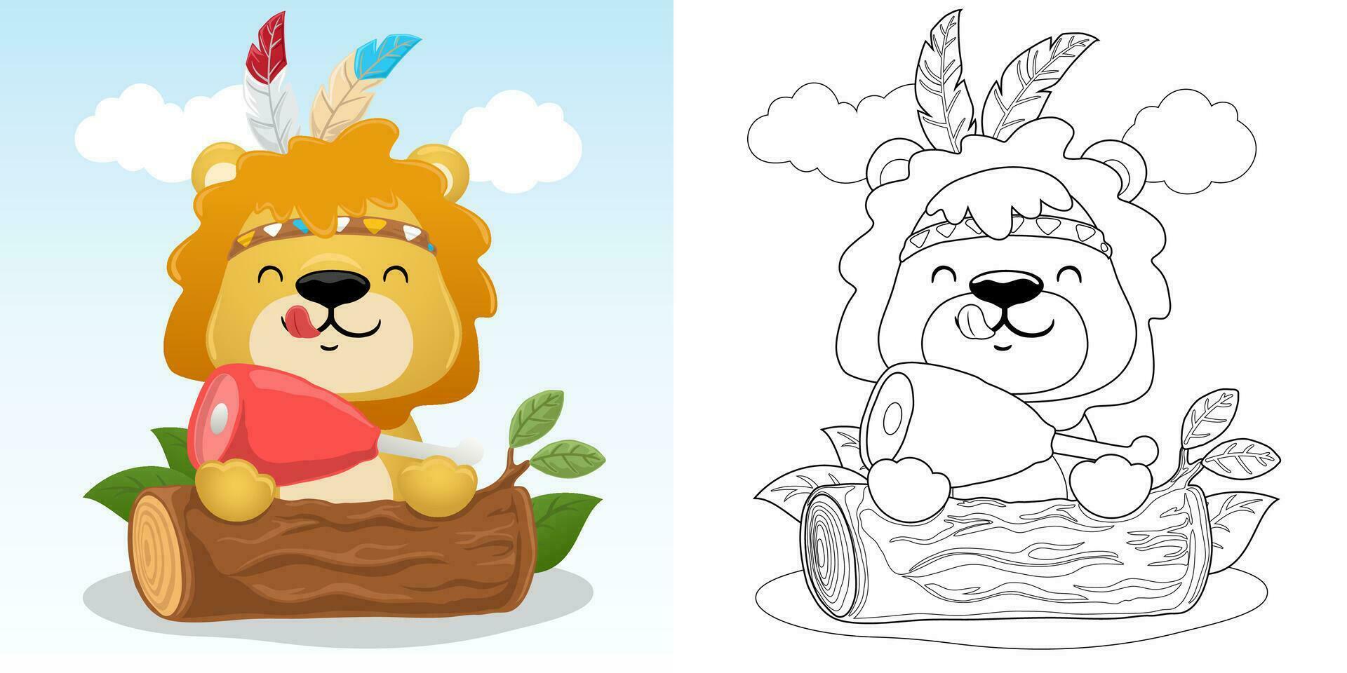 Vector illustration of cute lion wearing feather headdress with meat in tree trunk