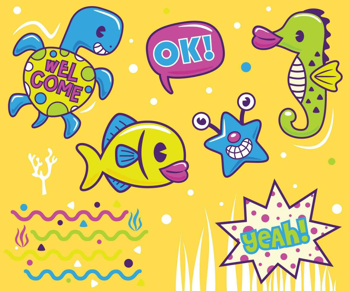 hand drawn trendy cartoon element illustration with funny marine animals vector