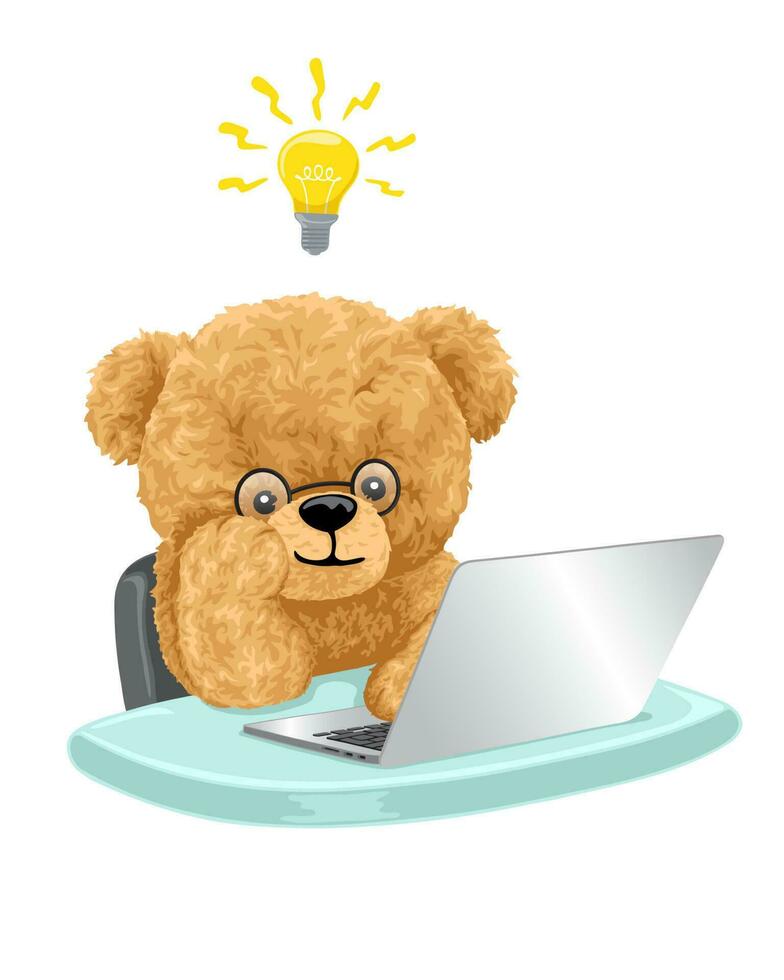 Vector illustration of hand drawn teddy bear cartoon operating laptop with light bulb on it head