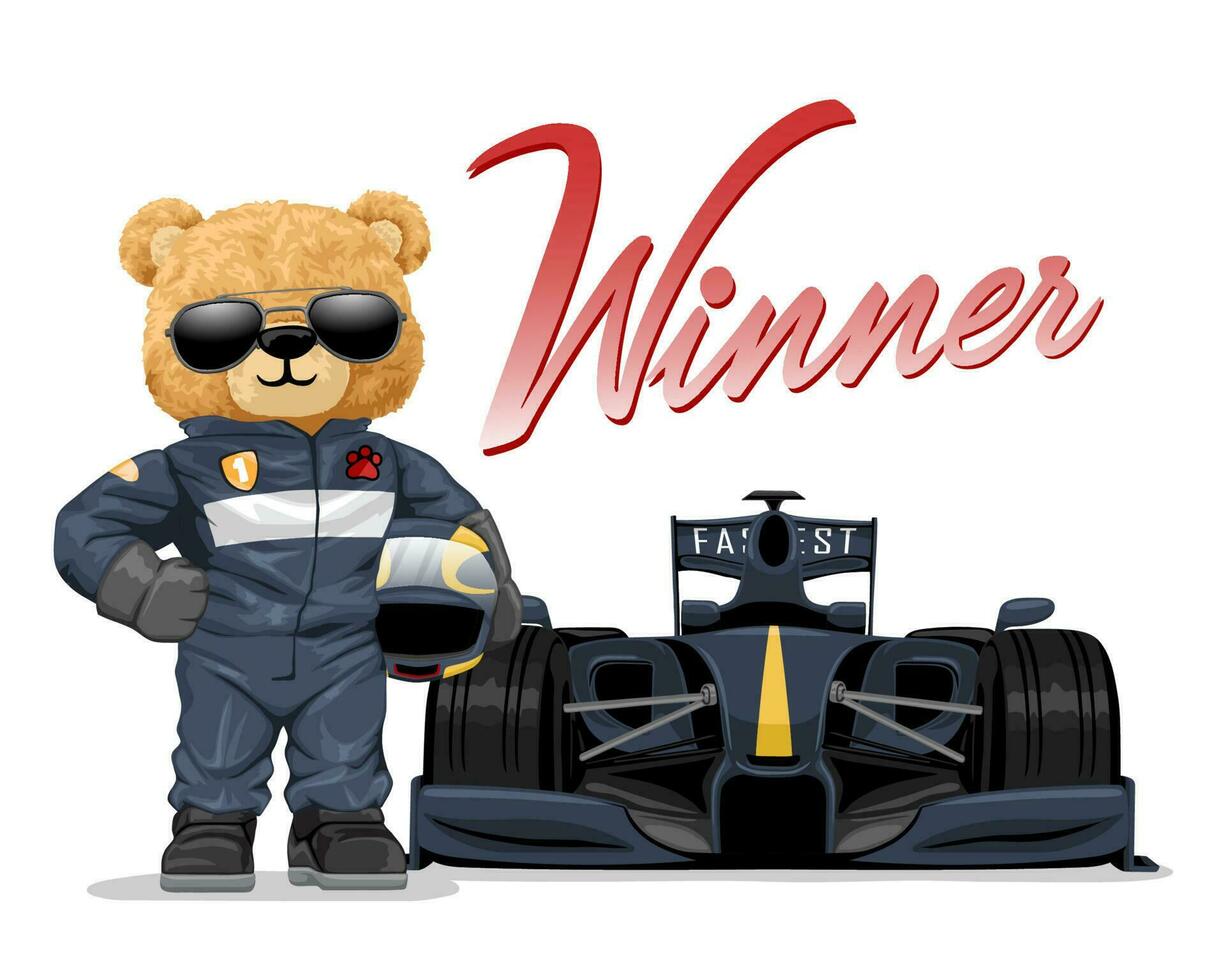 Hand drawn vector illustration of teddy bear in racer costume with racing car