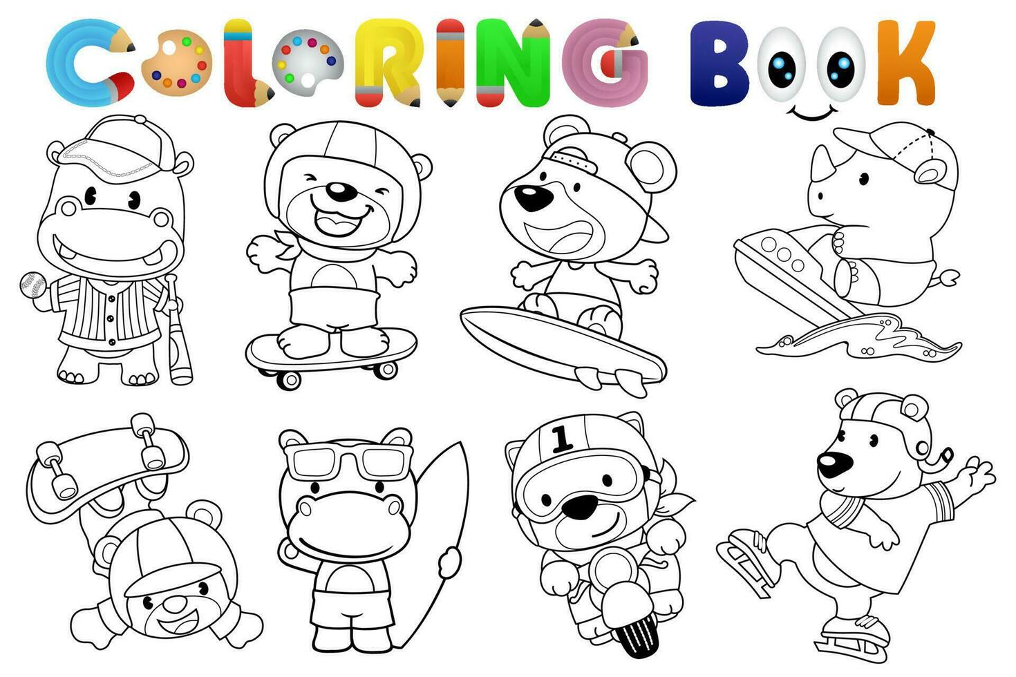 Coloring book with group of funny animals cartoon in different activity vector