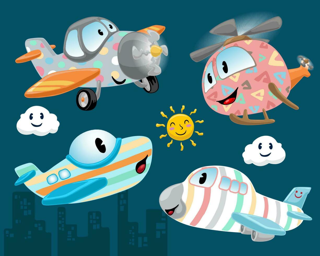 Set of hand drawn funny air transportation vehicles cartoon with colorful ornament vector