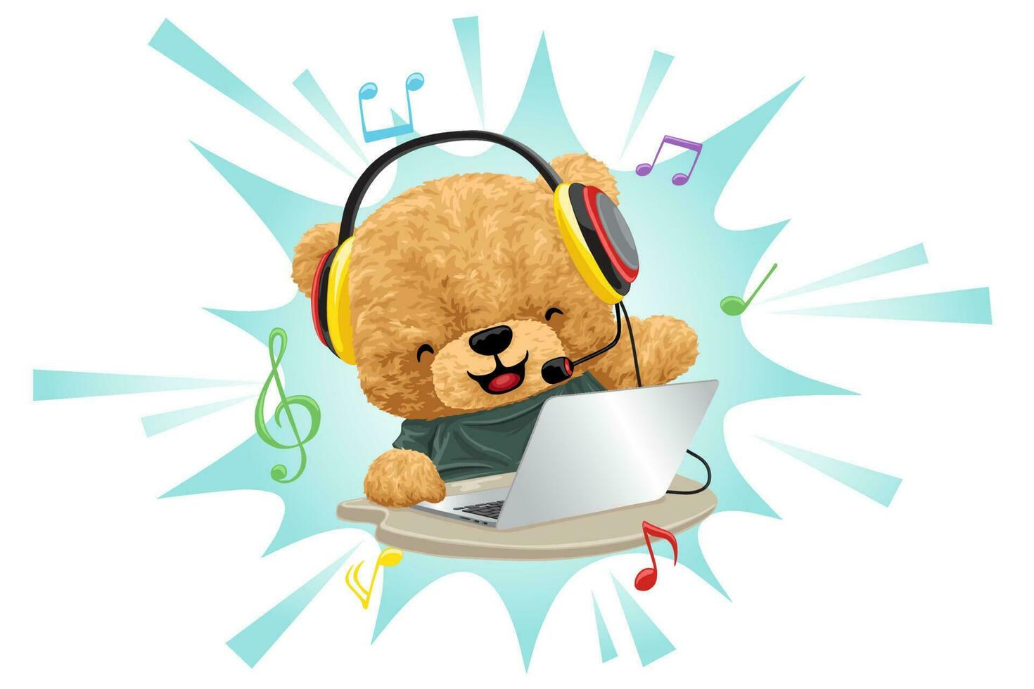 Vector illustration of hand drawn teddy bear cartoon with laptop enjoying music