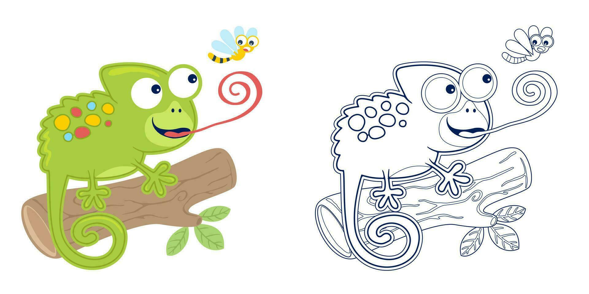 Vector illustration of cartoon cute chameleon on tree trunk hunting dragonfly. Coloring book or page