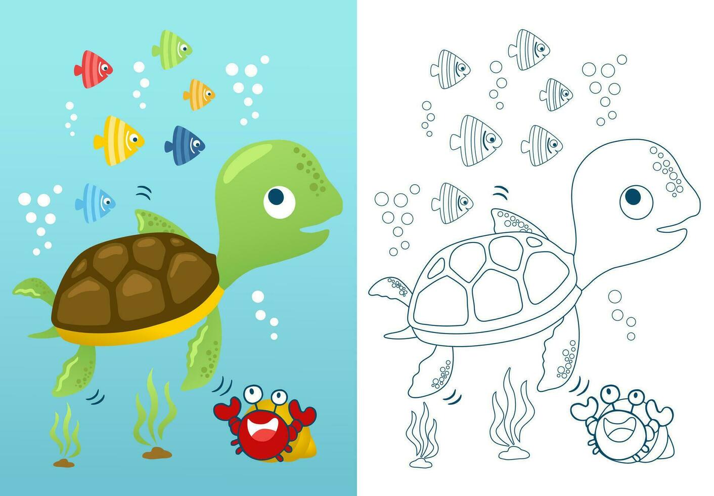 Vector illustration of cute turtle with fishes and hermit crab undersea. Coloring book or page