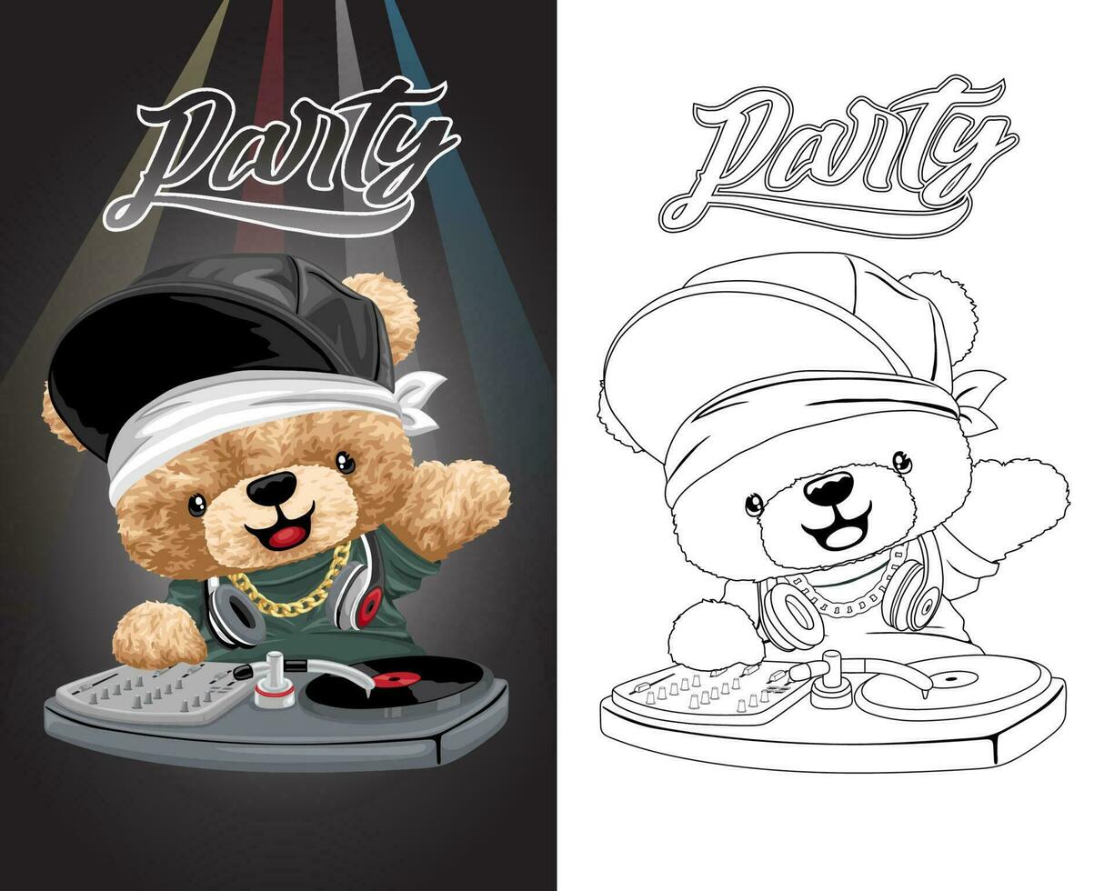 Hand drawn vector illustration of disc jockey teddy bear. Coloring book or page