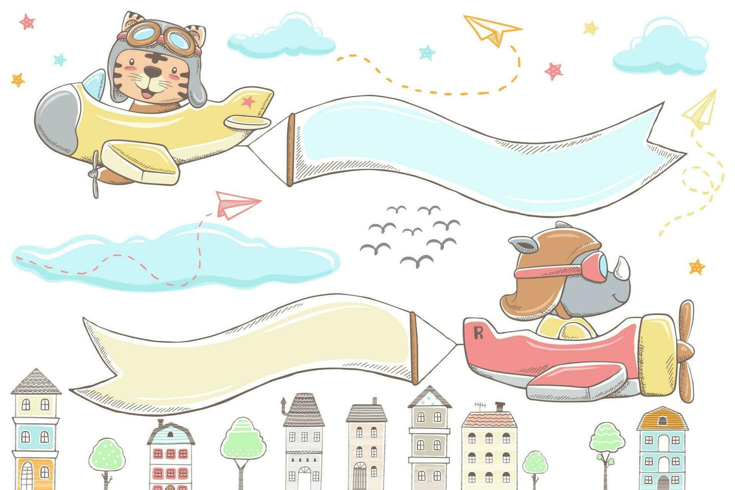 Vector illustration of hand drawn cute animals on airplane, airplane towing banner over buildings