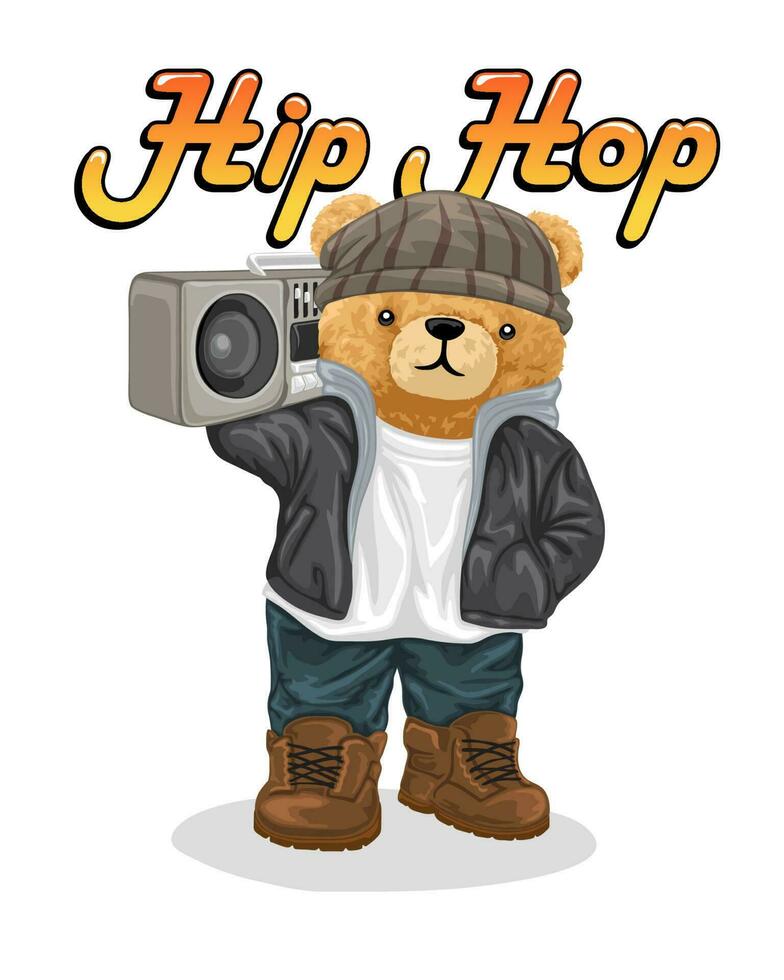 Hand drawn teddy bear cartoon in hip hop style with tape recorder vector