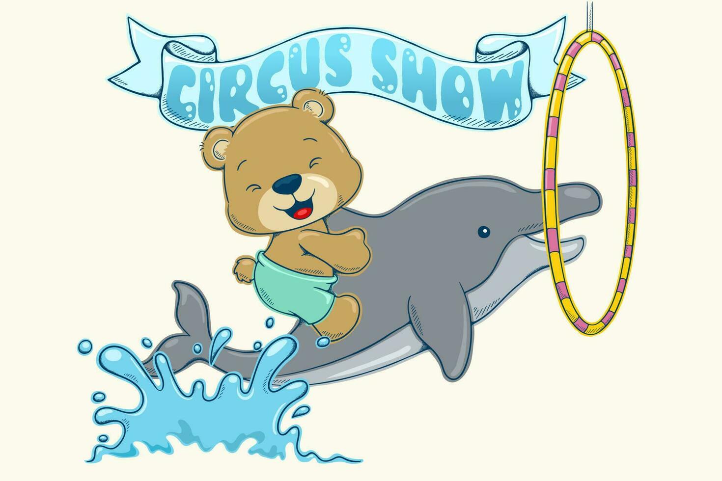 vector ilustración en mano dibujado concepto, dibujos animados linda oso montando delfín saltando mediante un anillo