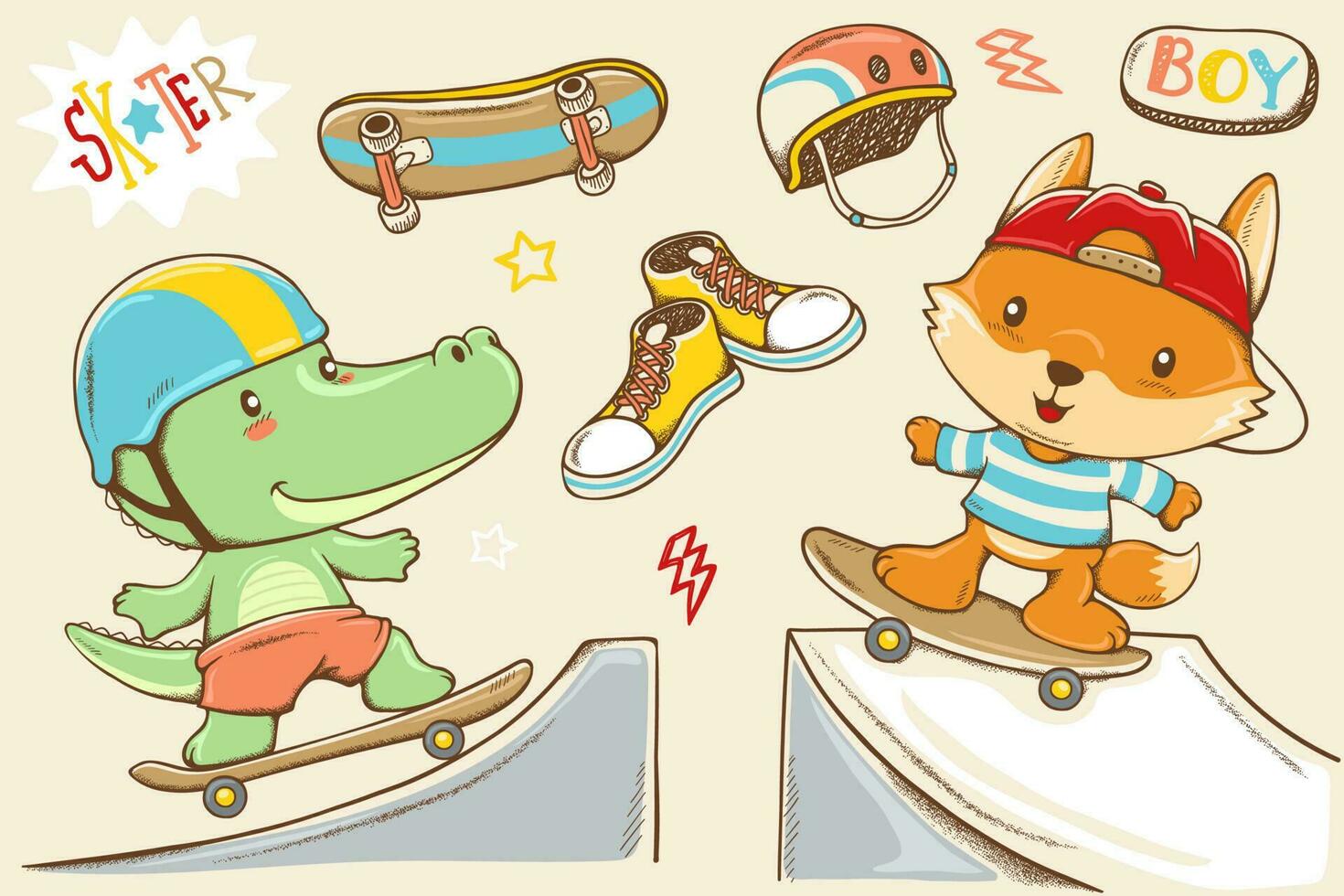 Vector cartoon illustration of hand drawn crocodile and fox skateboarding, skateboard elements cartoon