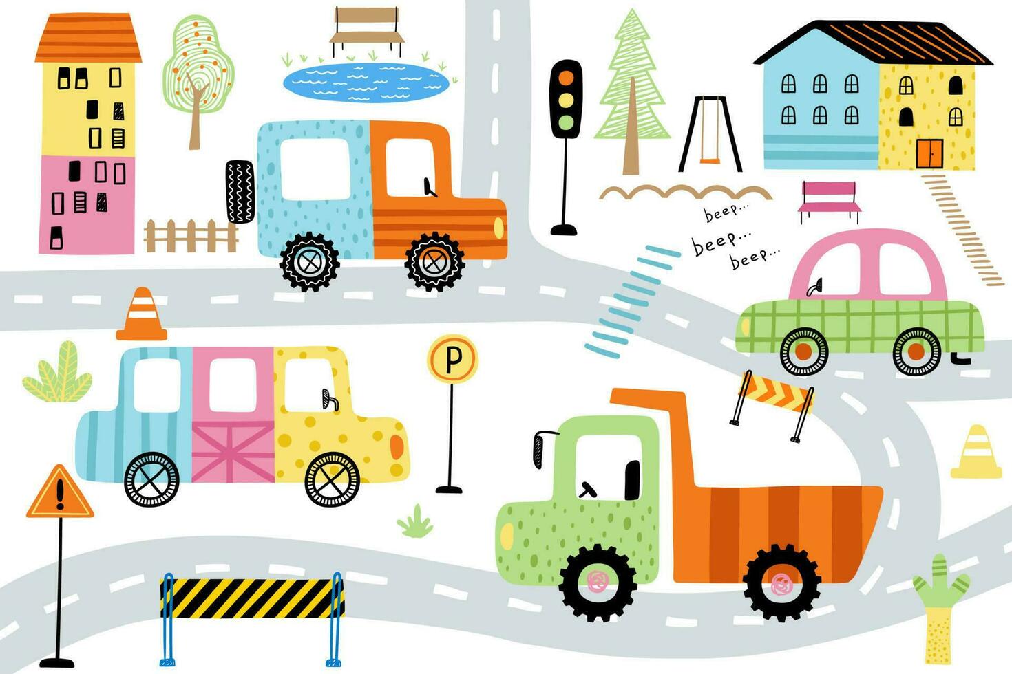 Doodle cityscape hand drawn vector illustration. City traffic elements cartoon