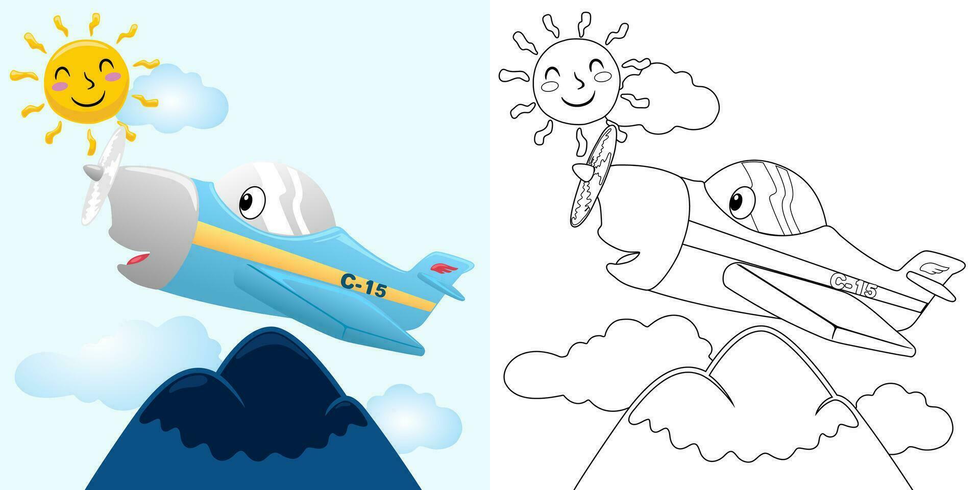 Vector illustration of cartoon funny airplane with sun above mountains. Coloring book or page