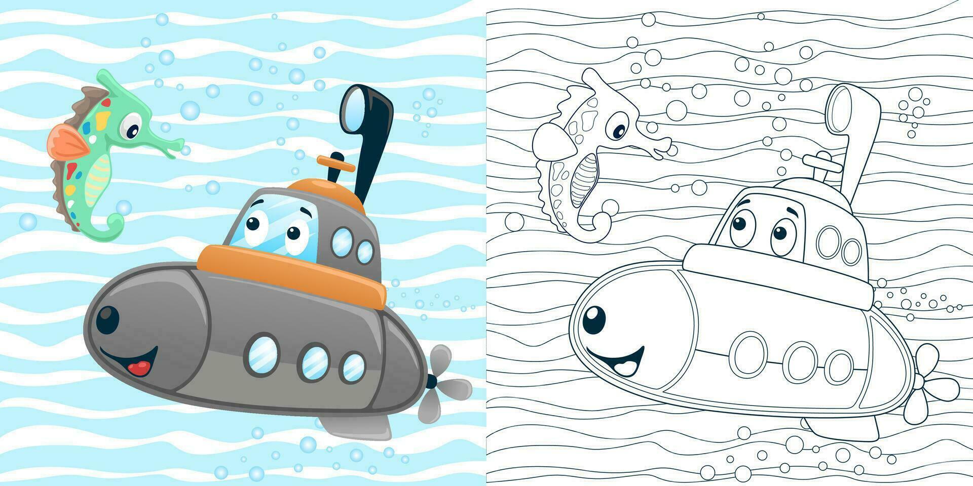 vector ilustración de dibujos animados gracioso submarino con caballo de mar submarino. colorante libro o página