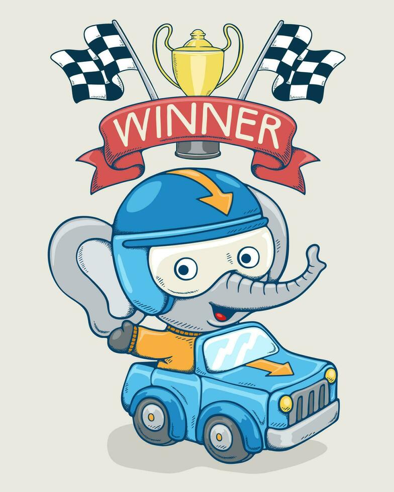 Vector illustration of hand drawn cute elephant in racer costume on racing car, car racing elements