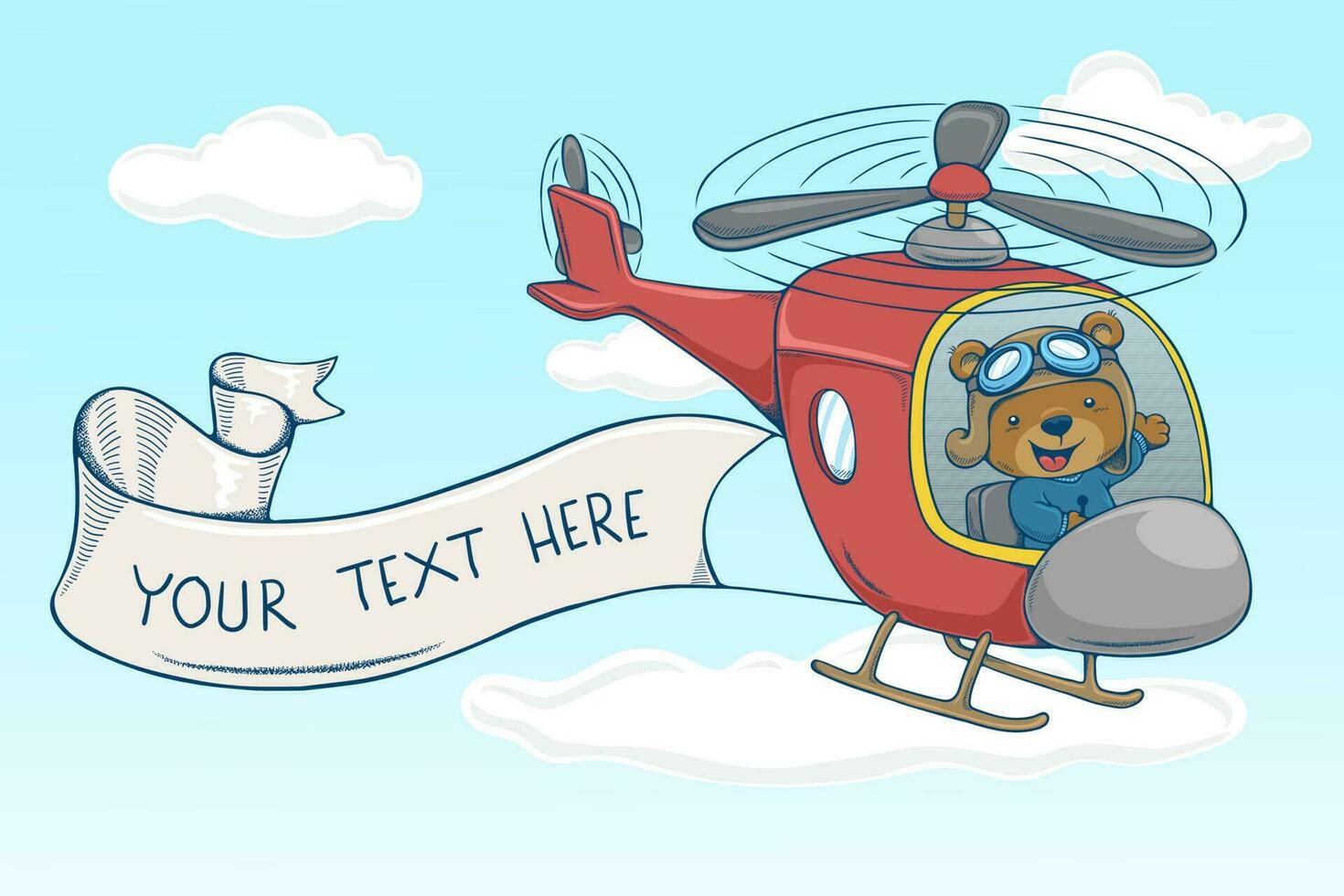 Vector illustration in hand drawn style, cartoon cute bear on helicopter pulling banner