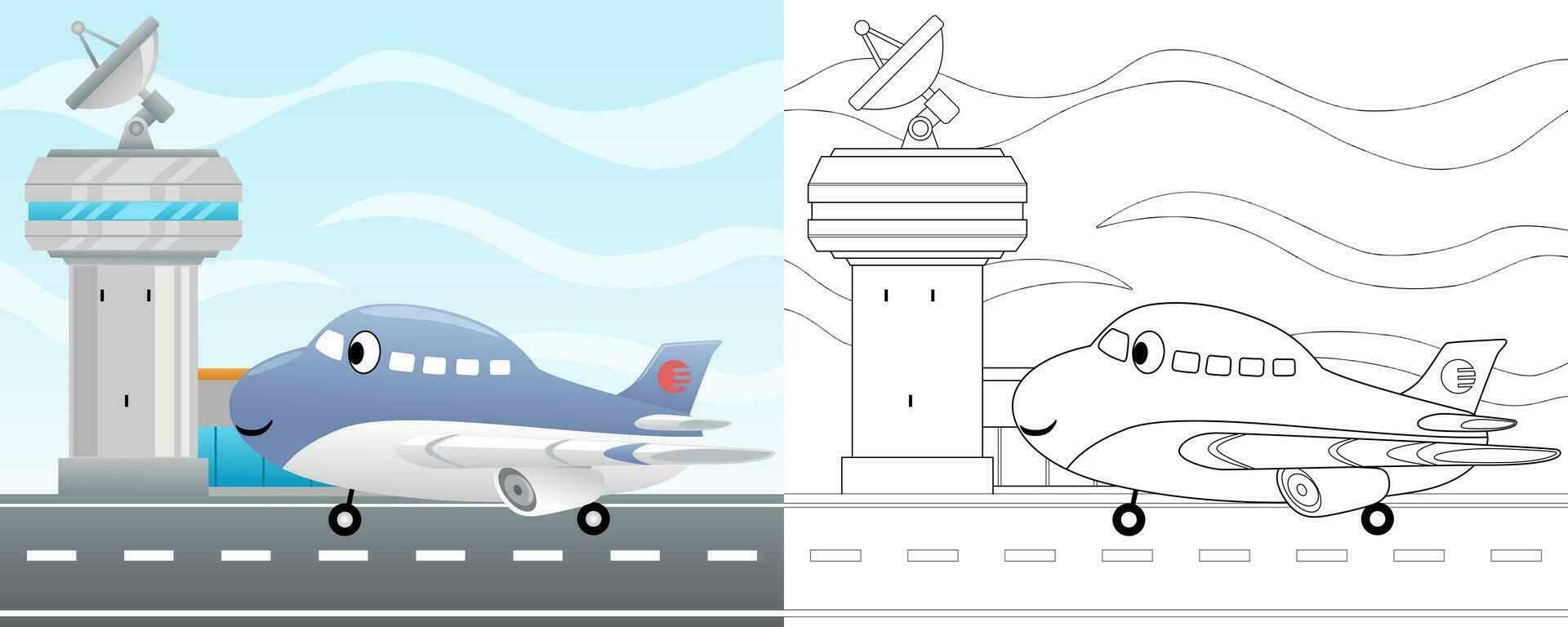 Vector illustration of cartoon funny airplane in airport. Coloring book or page for kids