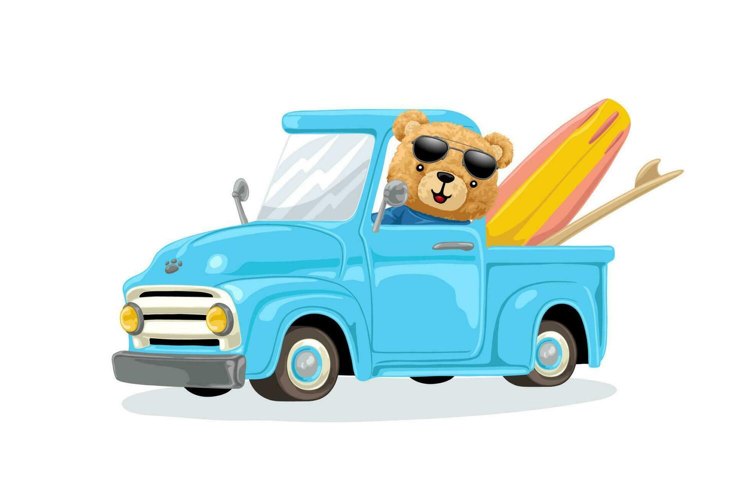 Vector illustration of hand drawn teddy bear cartoon driving truck carrying surfboards