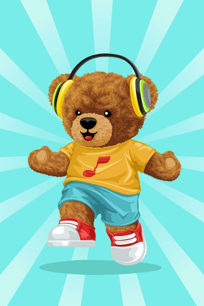 Vector illustration of hand drawn teddy bear cartoon dancing while listening music with earphone