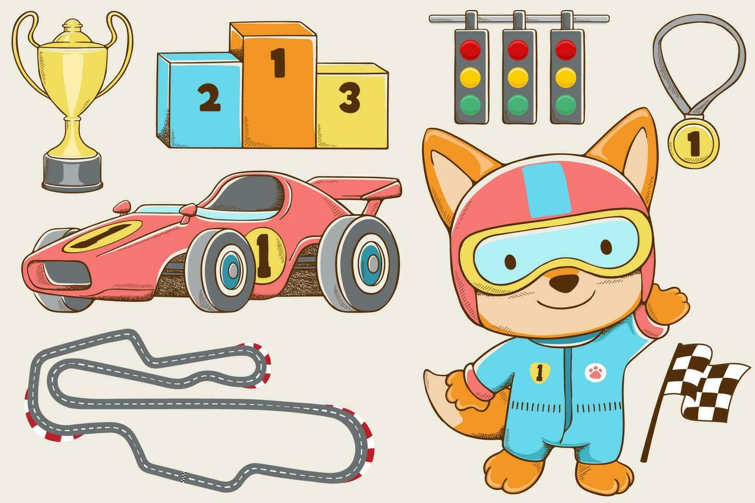 Vector illustration of hand drawn cute fox cartoon in racer costume with car racing elements