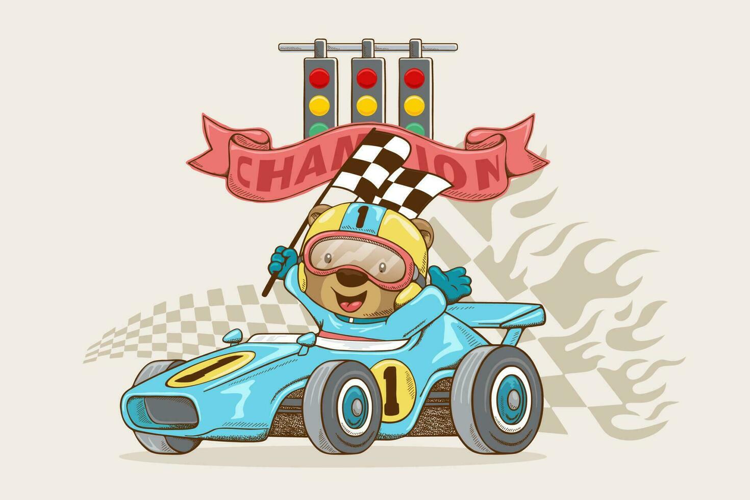 Vector illustration of cute bear in racer costume on racing car holding flag, race car elements