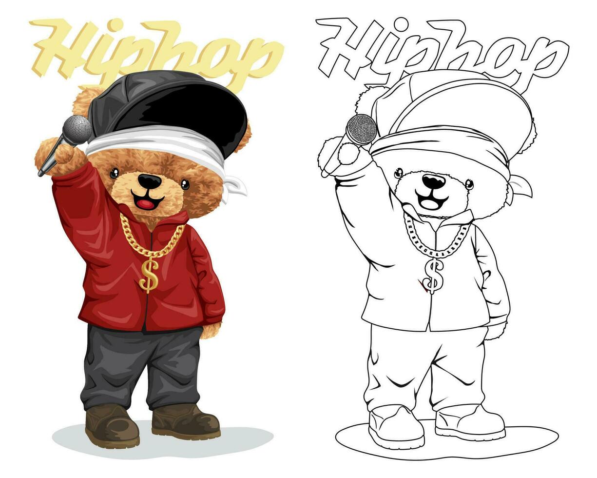 Hand drawn vector illustration of teddy bear in hip hop style holding microphone. Coloring book or page