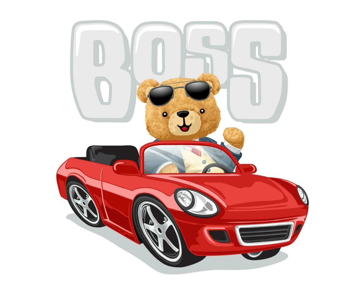 Hand drawn vector illustration of teddy bear in suit on car