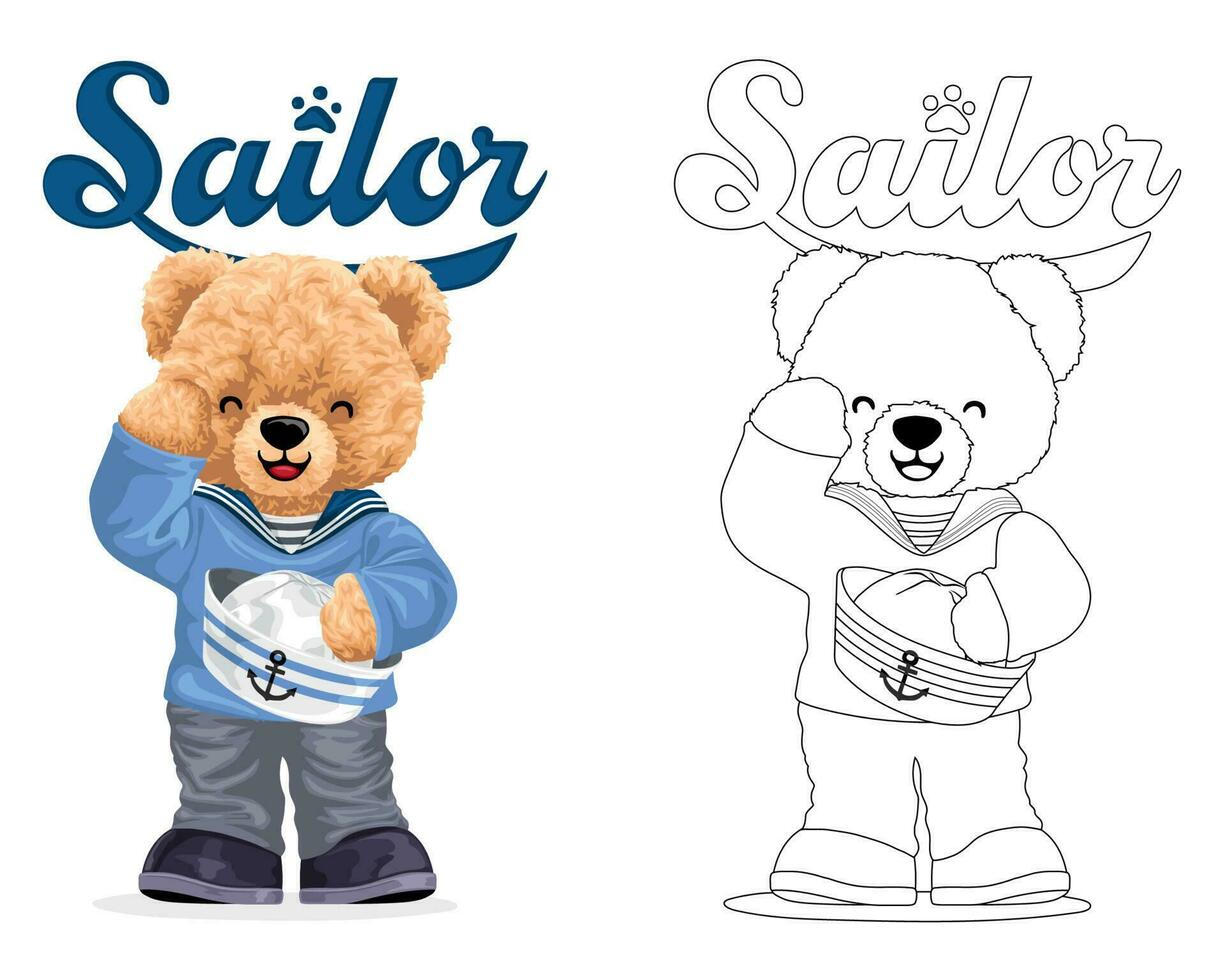 Hand drawn vector illustration of teddy bear in sailor costume. Coloring book or page