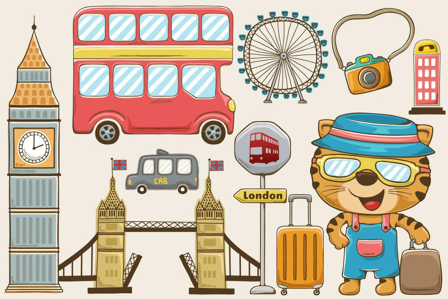 Vector illustration of hand drawn London city elements, funny cat with travel bag